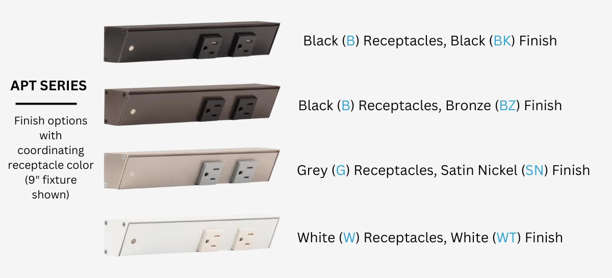 Task Lighting & Power APT Series slim angled power strip with single receptacles in four finish colors