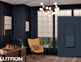 Lutron Sunnata dimmer in Deep Sea satin finish - luxury light switch in modern dark blue living room