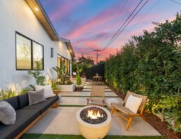 modern patio with fire pit at sunset 2025 02 10 07 04 25 utc