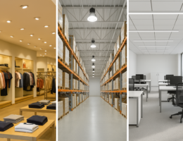 Triptych collage showing commercial LED lighting in a retail store with accent lighting, a warehouse with high bay LED fixtures, and a modern office with linear overhead lighting