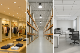 Triptych collage showing commercial LED lighting in a retail store with accent lighting, a warehouse with high bay LED fixtures, and a modern office with linear overhead lighting