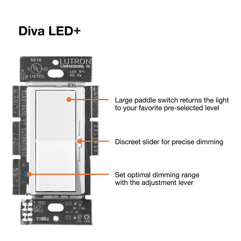 Lutron Diva LED+ Dimmer - Single Pole / 3-Way - 150W Max - White