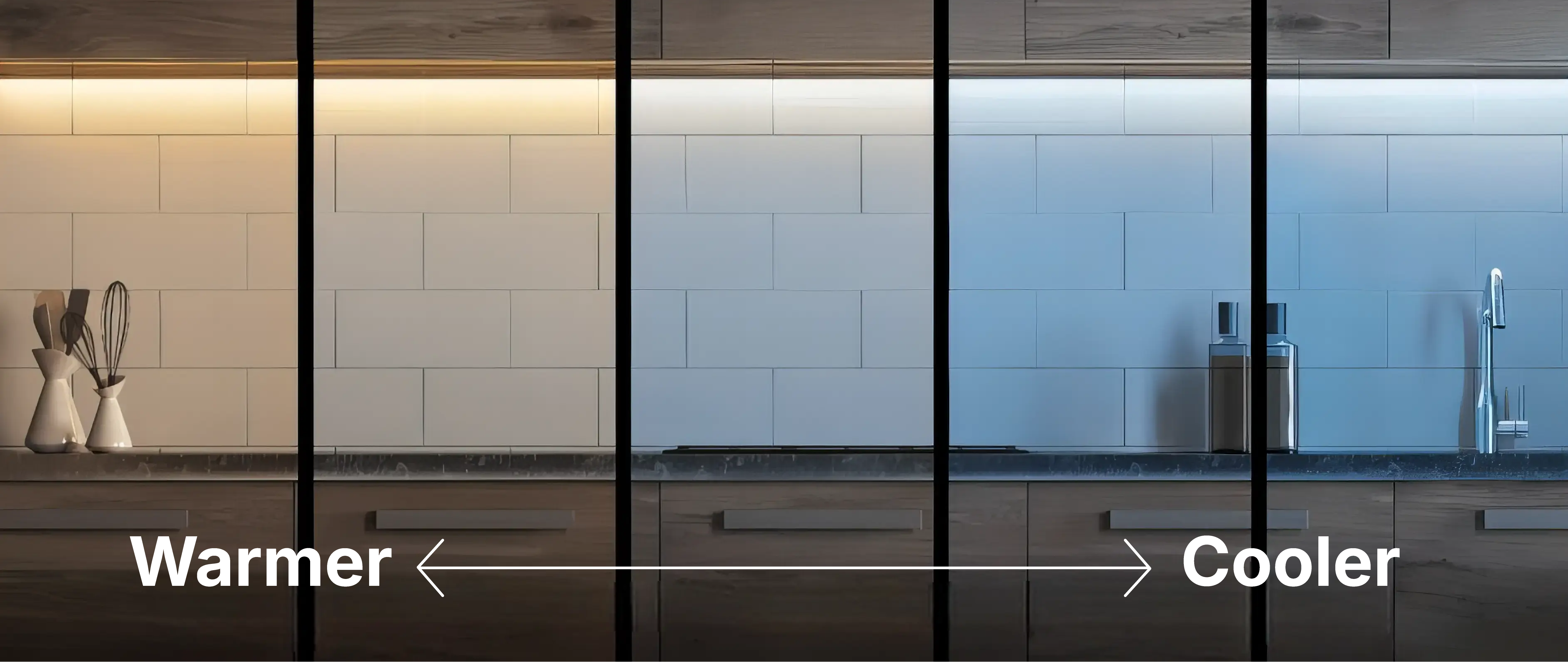 LED tape light color temperature spectrum from warm white 2700K-3000K to cool white 4000K-5000K showing visual difference in kitchen under cabinet lighting application