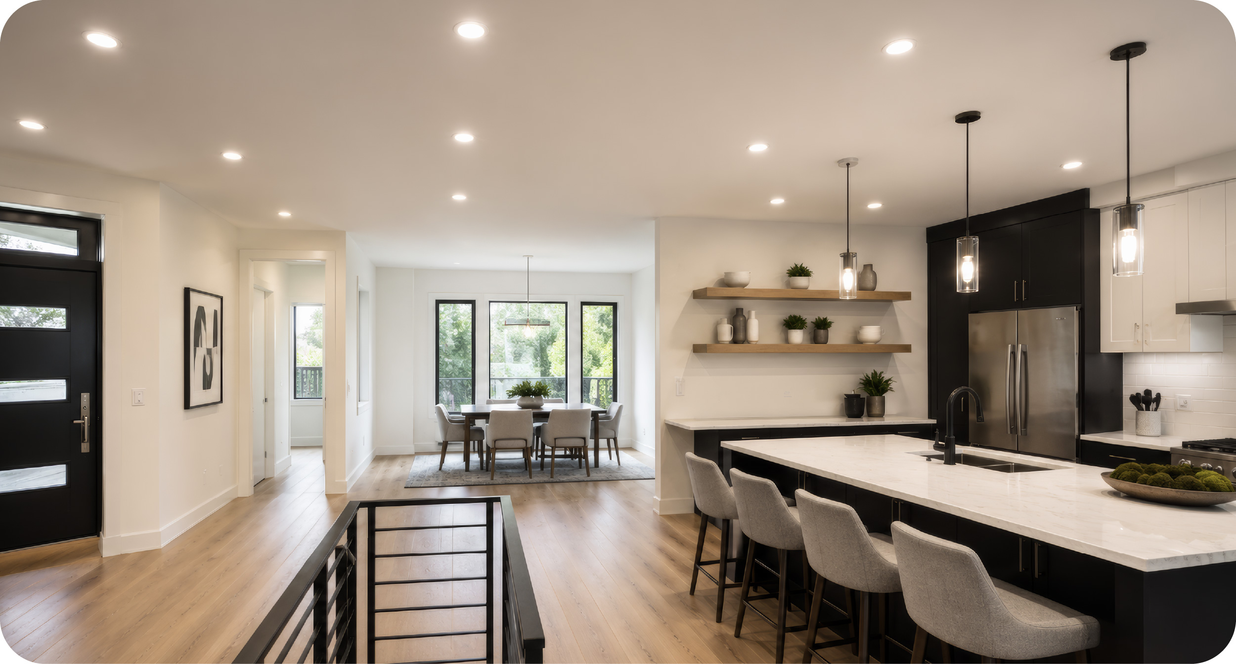 Modern kitchen and living space with evenly spaced recessed lighting