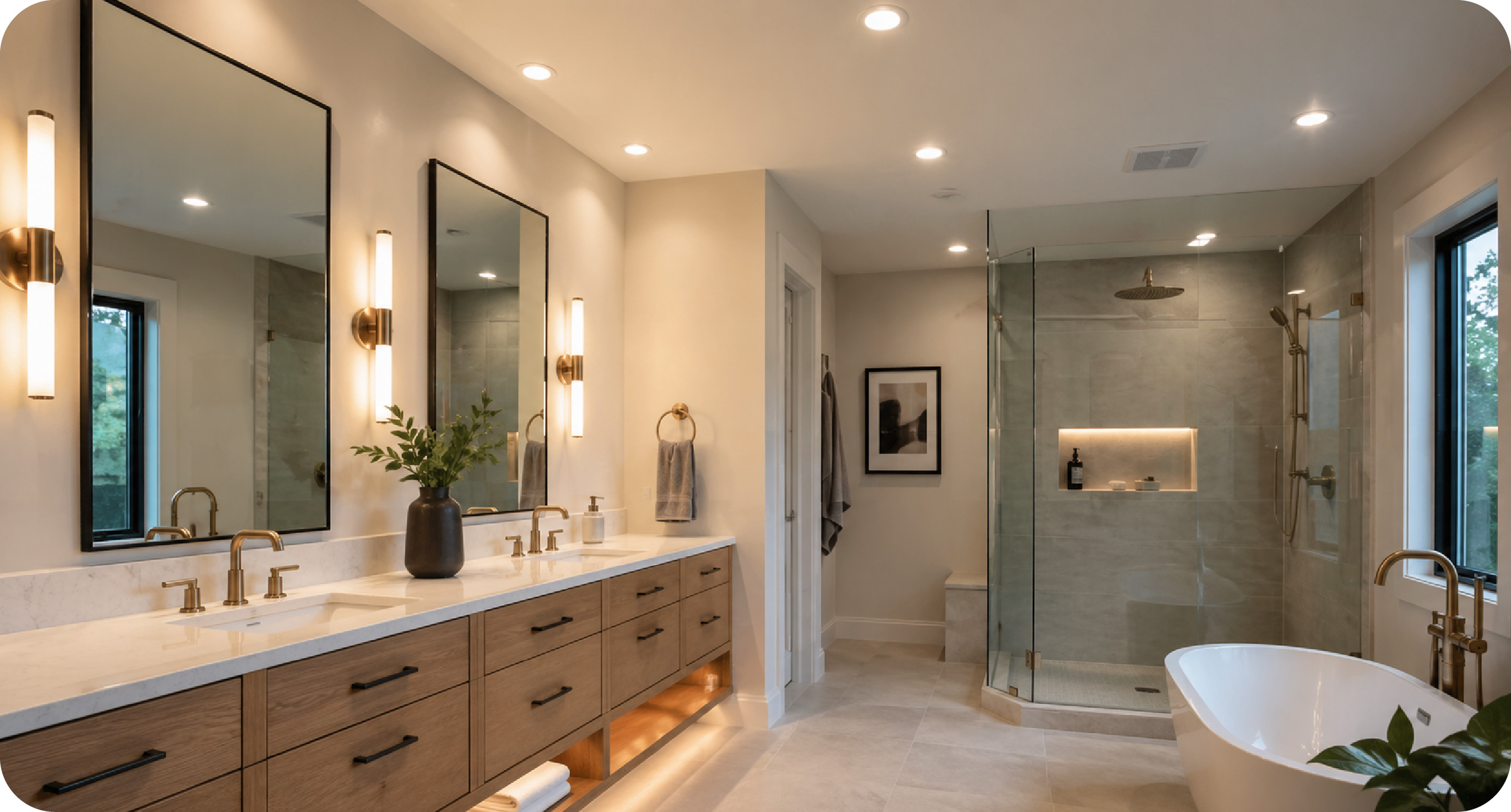 Bathroom vanity with recessed lighting and wall sconces