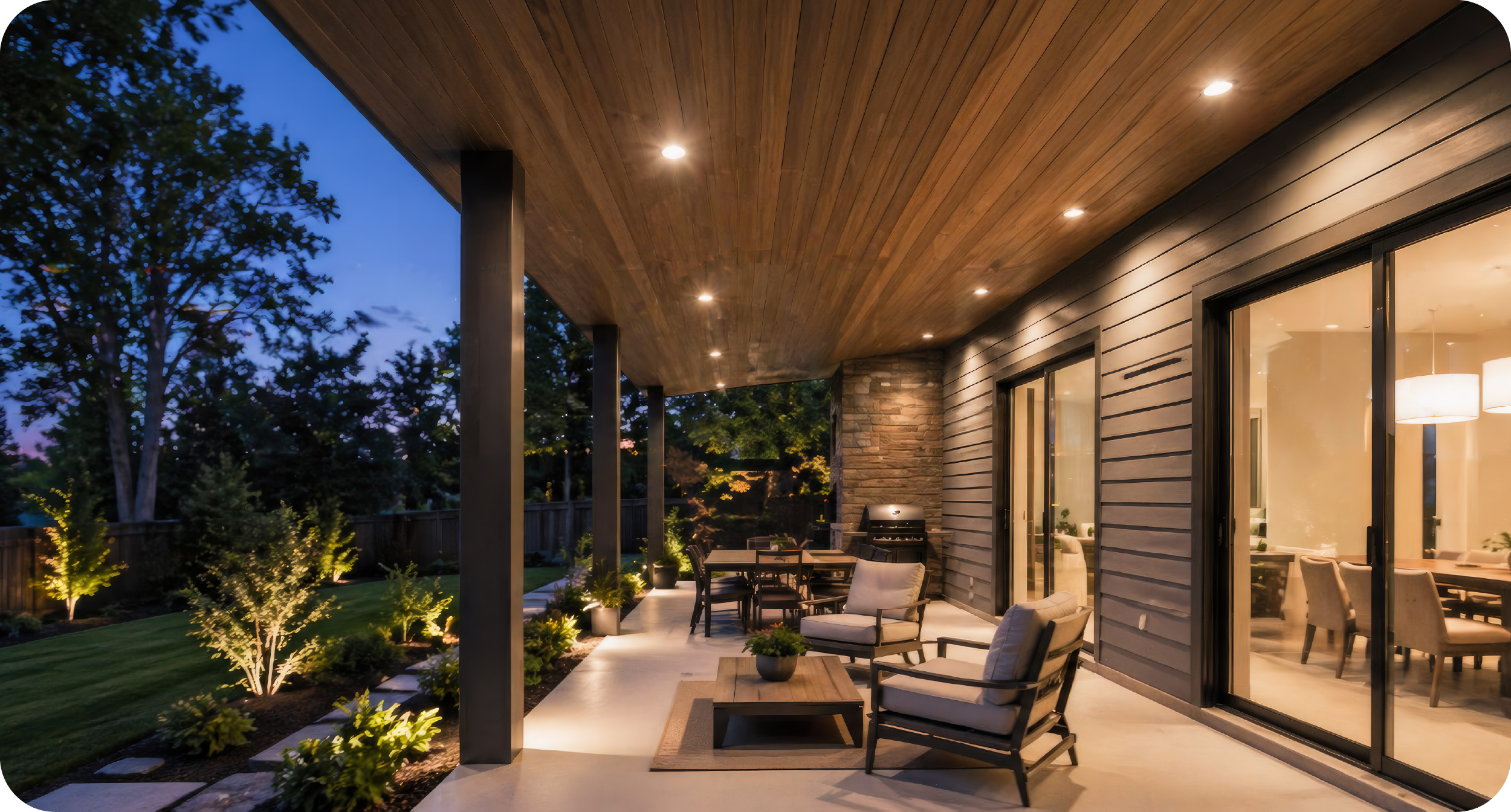Outdoor soffit with wet location rated recessed lighting