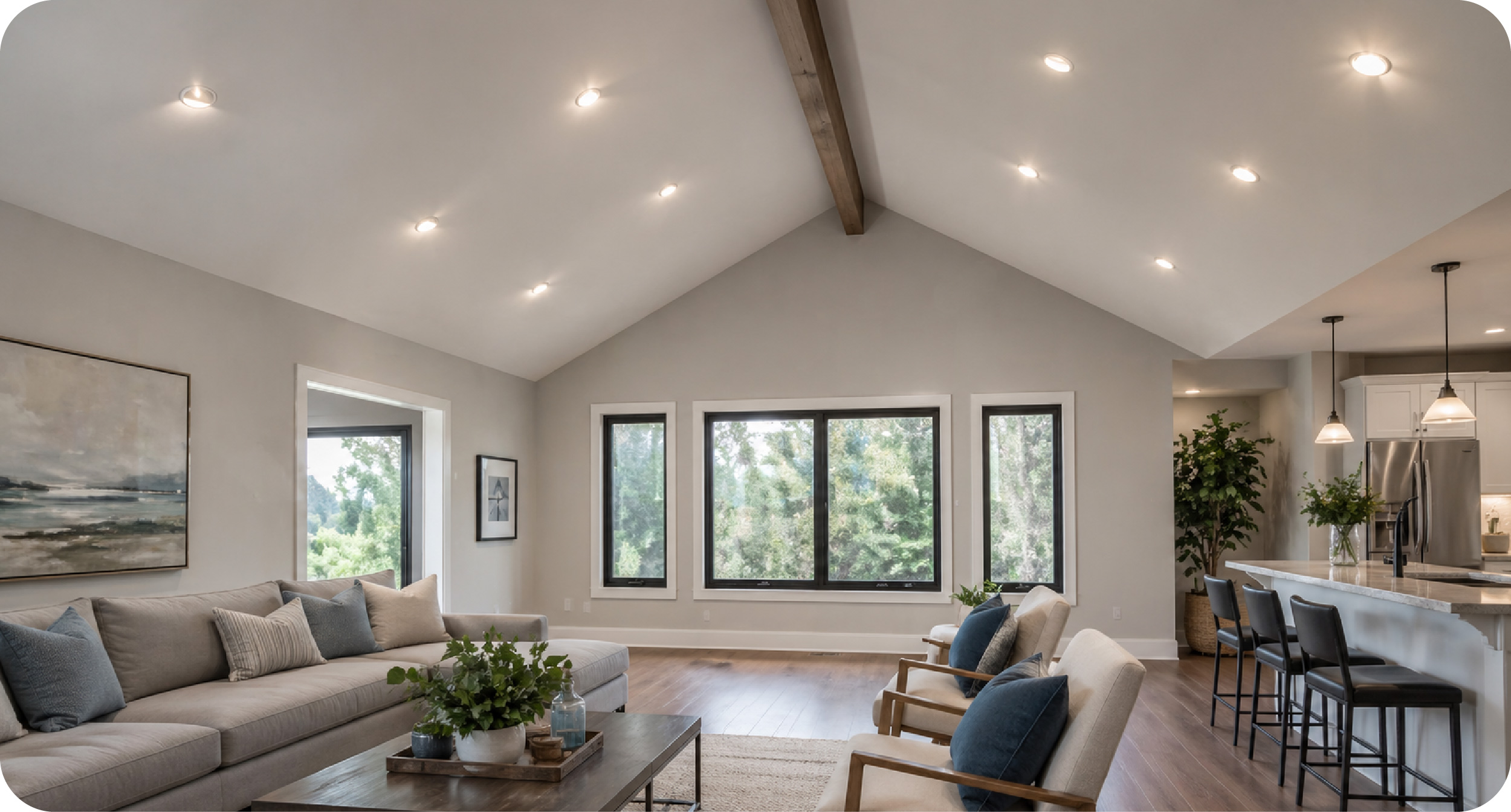 Vaulted ceiling with gimbal recessed lighting aimed toward room center