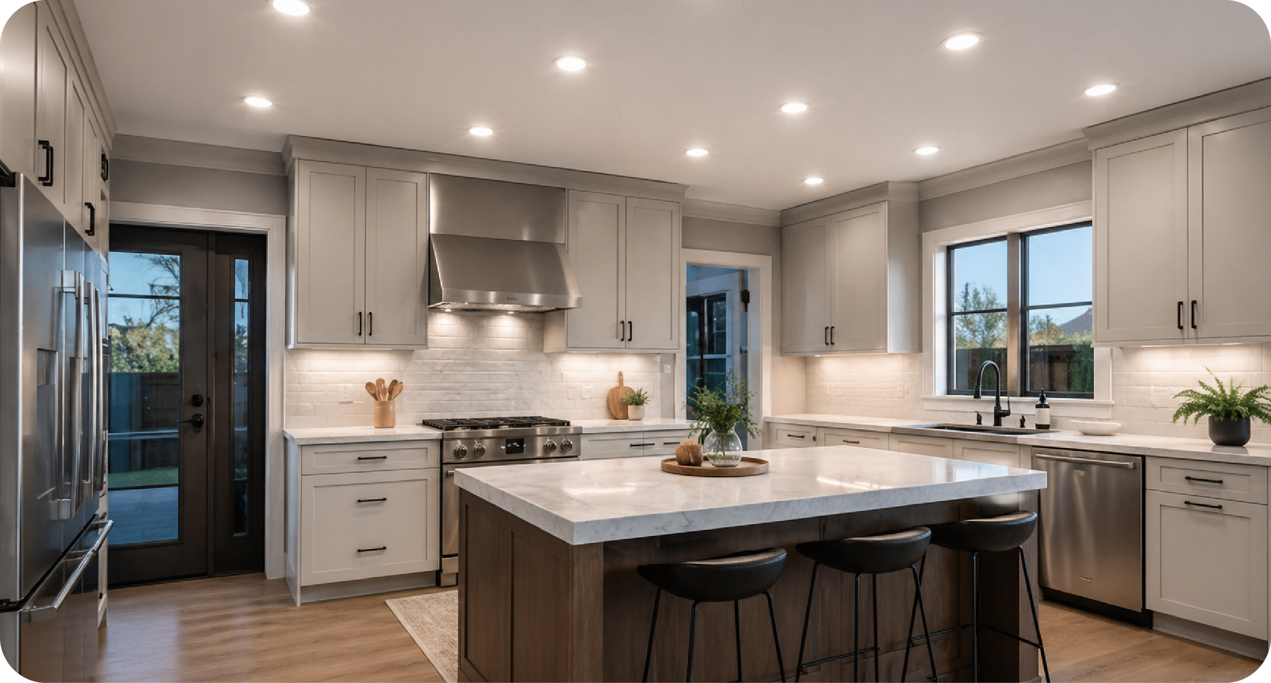 Open kitchen with island and recessed lighting layout