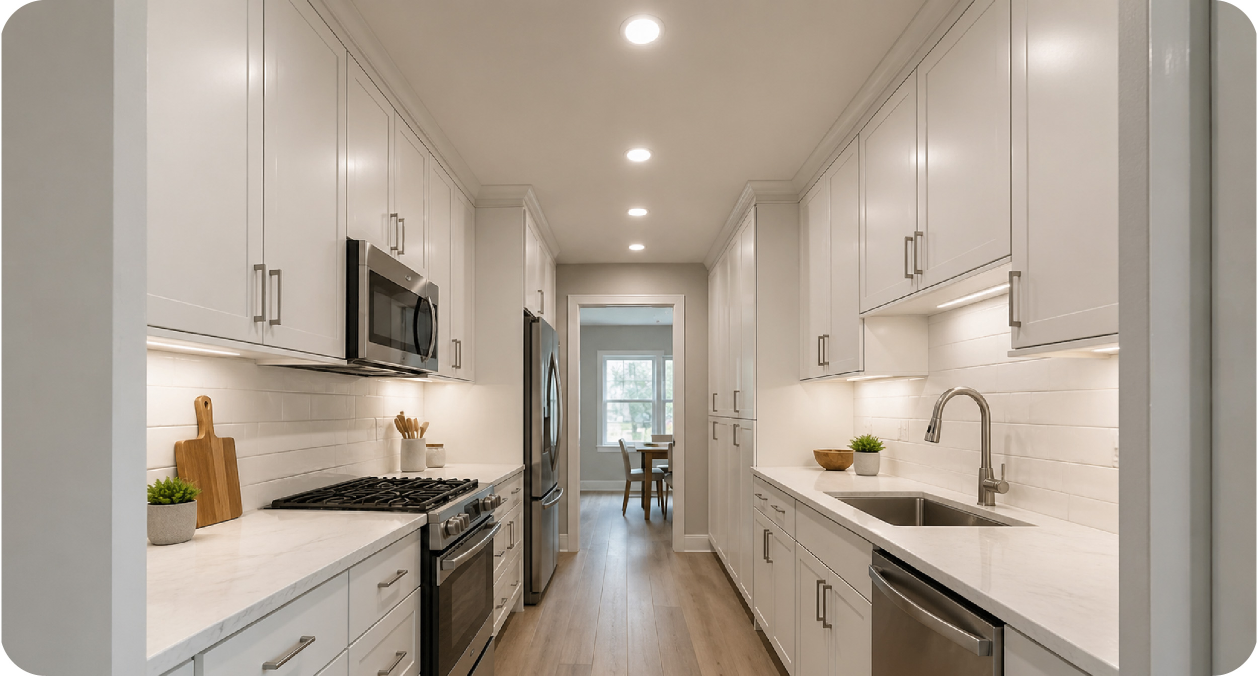 Galley kitchen with a single row of recessed lighting