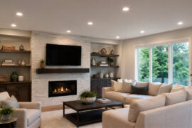 Living room with recessed lighting spaced using the 70% rule