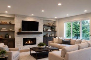 Living room with recessed lighting spaced using the 70% rule