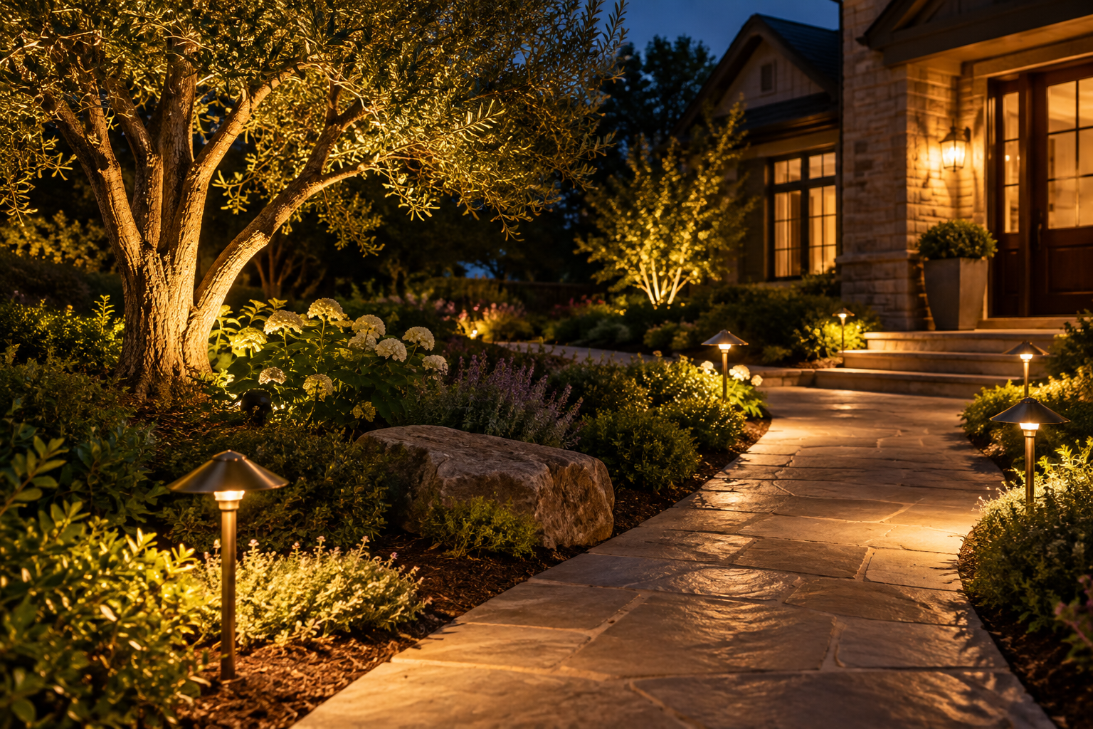 Westgate landscape lighting adds visibility, depth and warm illumination to pathways and outdoor spaces.
