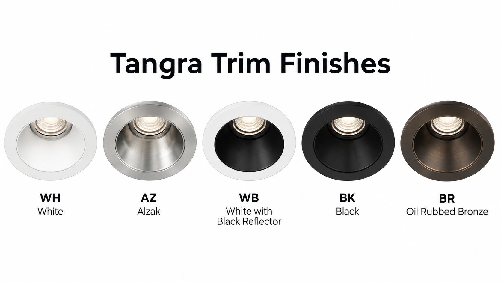 Lotus Tangra trim finishes in white, alzak, white with black reflector, black and oil rubbed bronze