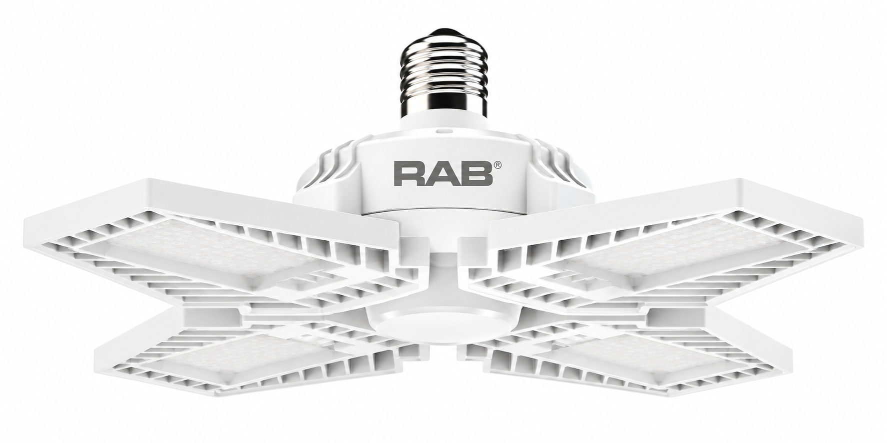RAB HID-80-V screw-in LED garage light with four adjustable panels for bright, easy garage lighting upgrades.