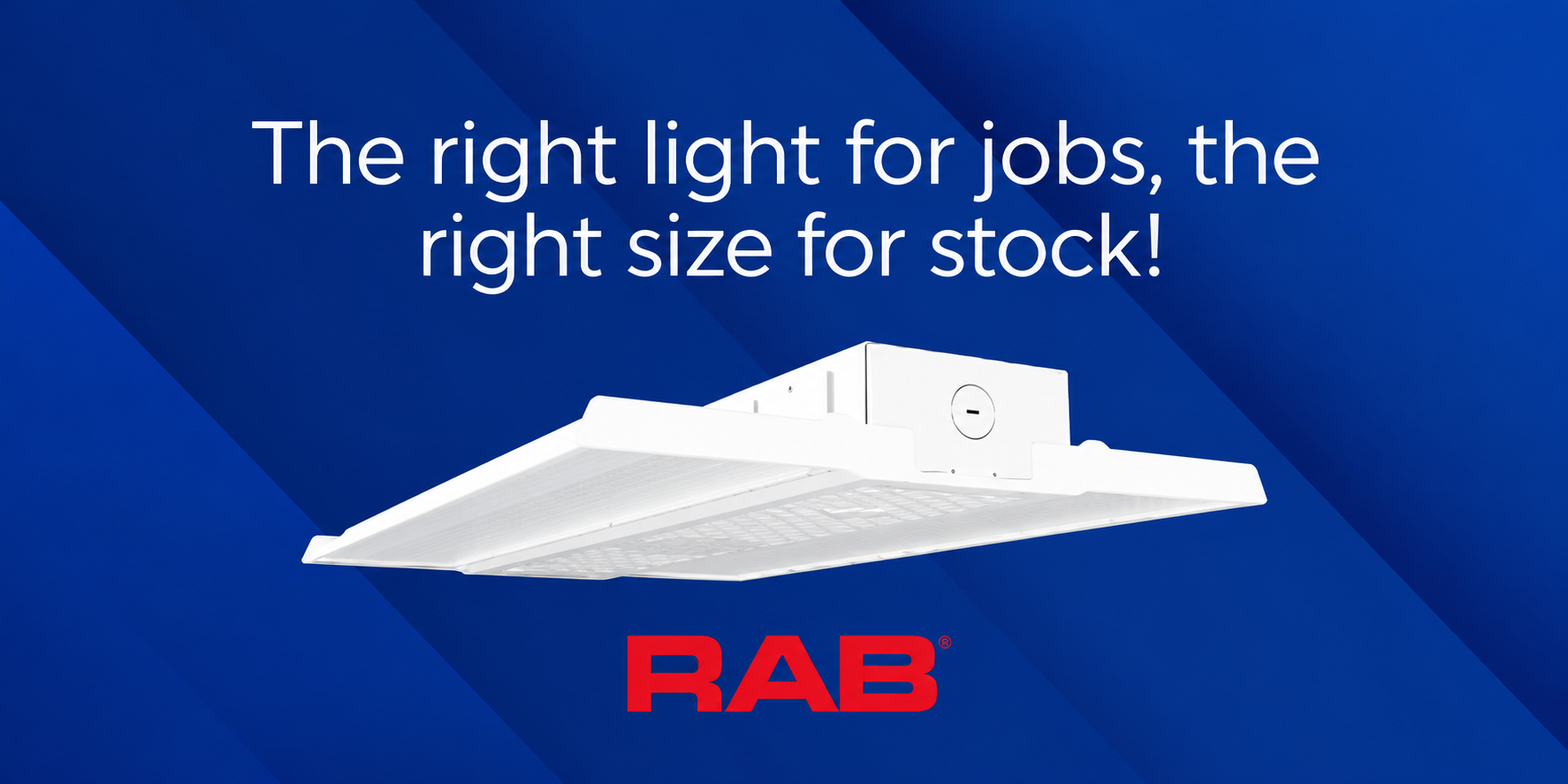 RAB LED linear high bay fixture designed for warehouses, workshops, and other high-ceiling commercial spaces.