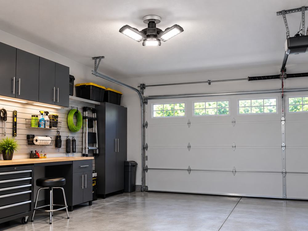 Bright LED garage lighting provides even illumination across the workspace, helping improve visibility for parking, storage, and workshop tasks.