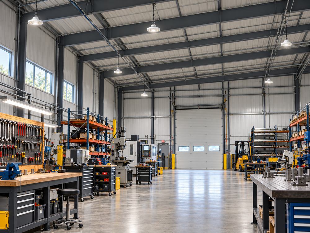 RAB H17 UFO LED high bay lights provide bright, even illumination for machine shops, workshops, and other high-ceiling commercial spaces.