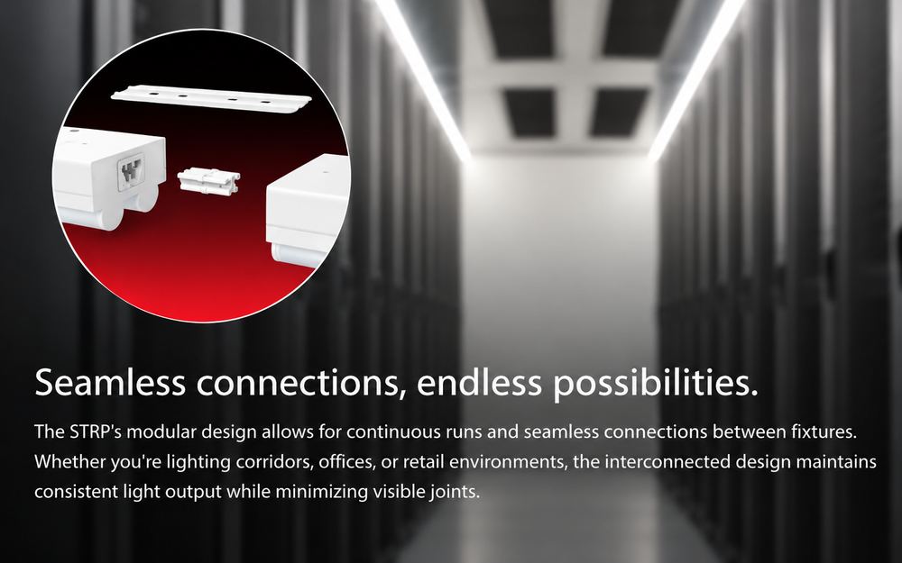 Linkable LED strip lights like the RAB STRP series create clean, continuous runs for garages, workshops, and commercial spaces.