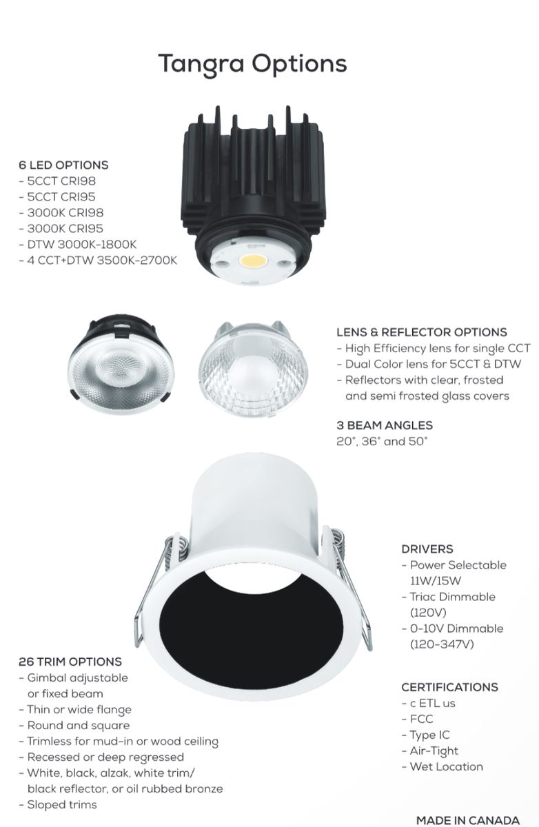 Lotus Tangra modular components including LED module, lens, reflector and trim