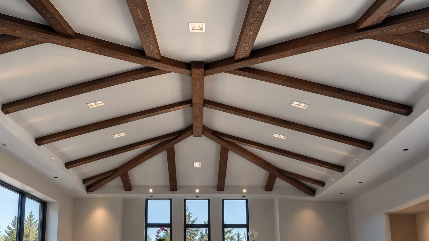 Lotus Tangra recessed downlights installed in a vaulted living room ceiling