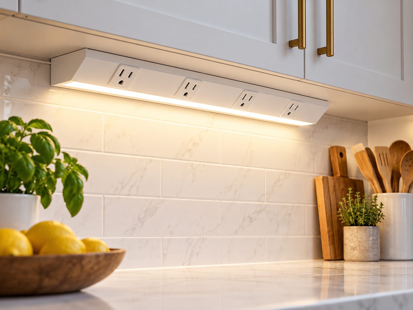 An angled under cabinet power strip keeps receptacles accessible while maintaining a clean backsplash.