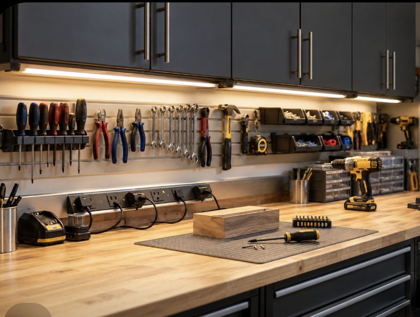 Under cabinet LED lighting and angled power strips add bright task lighting and convenient power directly at the workbench.
