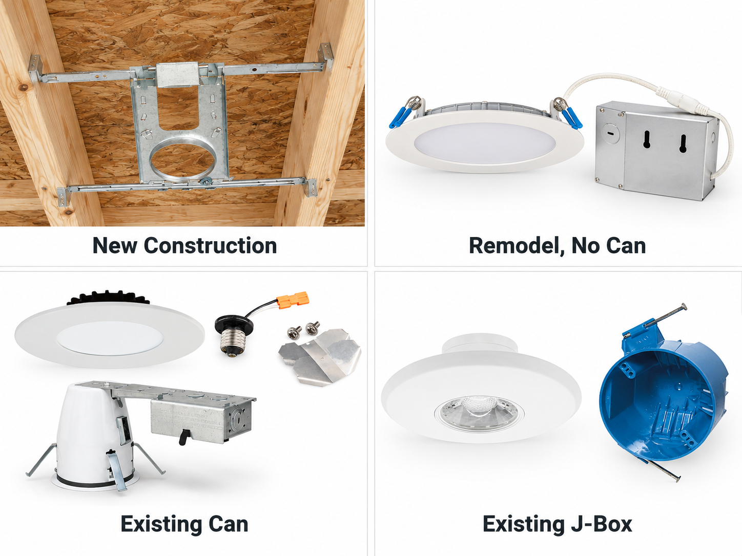 Four ways to install Lotus recessed lighting: rough in plate, canless remodel, can retrofit and J-box mount