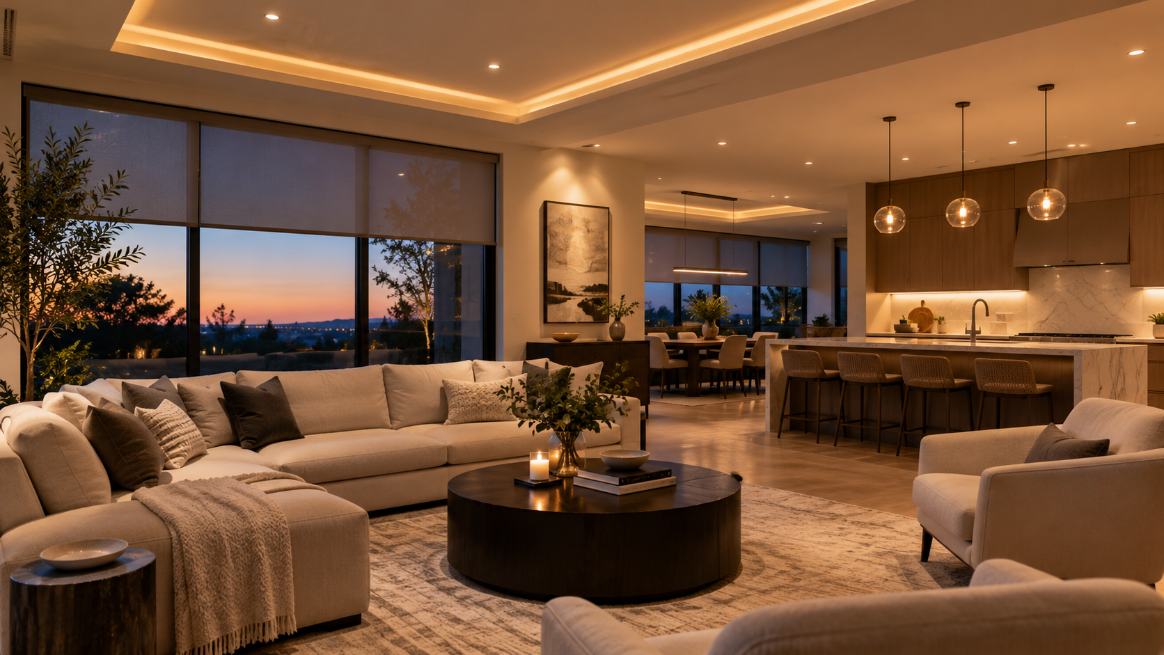 Modern living room with recessed lights cove lighting and shaded windows