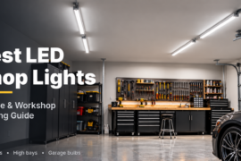 Bright LED shop lights illuminating a modern garage workshop with a workbench, tools, and parked car