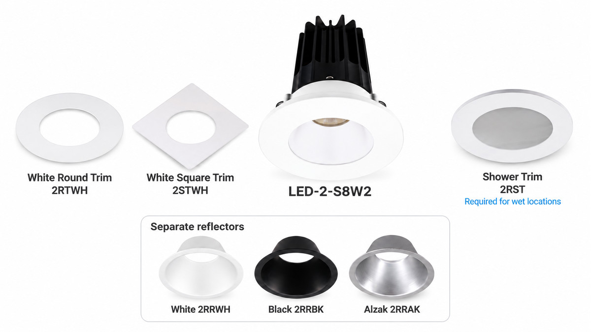 Lotus 2 inch Designer Series downlight with round, square and shower trims and reflector options