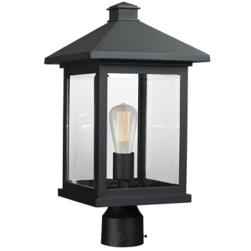 Z-Lite Portland 1-Light Large Outdoor Round Post Mount Fixture - 120V - Black / Clear Beveled