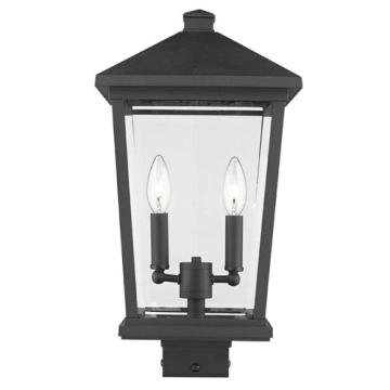 Z-Lite Beacon 2-Light Outdoor Square Post Mount Fixture - 120V - Black / Clear Beveled