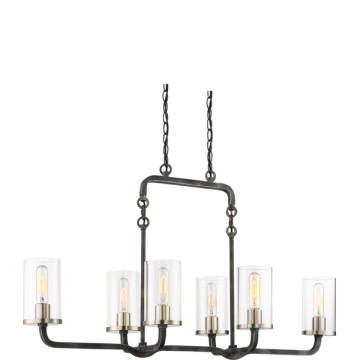 SATCO|NUVO Sherwood 6-Light Island Pendant - Iron Black / Brushed Nickel Accents - Clear Glass Shade