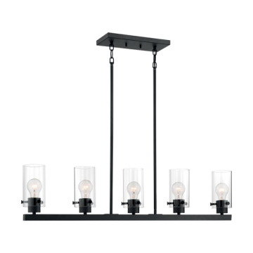SATCO|NUVO Sommerset 5-Light Island Pendant - Matte Black - Clear Glass Shade