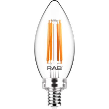 RAB 5.5W LED B11 Filament Lamp - Dimmable - E12 Base - 2700K - 500 Lumens - 120V