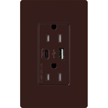 Lutron Claro 15A Tamper-Resistant USB Type A and C Duplex Receptacle - Brown