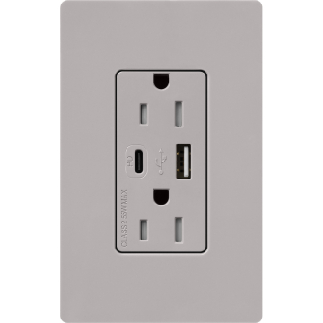 Lutron Claro 15A Tamper-Resistant USB Type A and C Duplex Receptacle - Gray