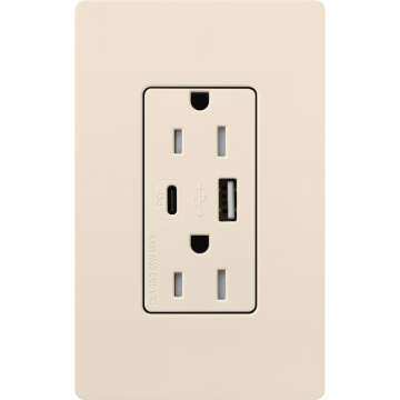 Lutron Claro 15A Tamper-Resistant USB Type A and C Duplex Receptacle - Light Almond