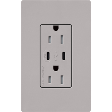 Lutron Claro 15A Tamper-Resistant USB Type C Duplex Receptacle - Gray