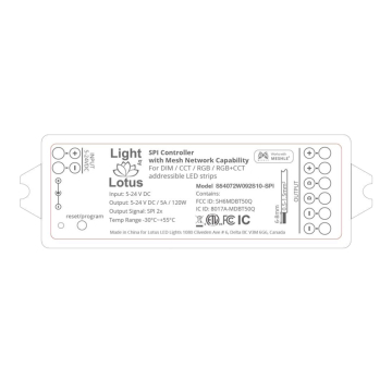 Lotus SPI Controller for RGBTW LED Strips - Bluetooth Mesh - WiFi Compatible - 120W Max Output