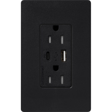 Lutron Claro 15A Tamper-Resistant USB Type A and C Duplex Receptacle - Midnight